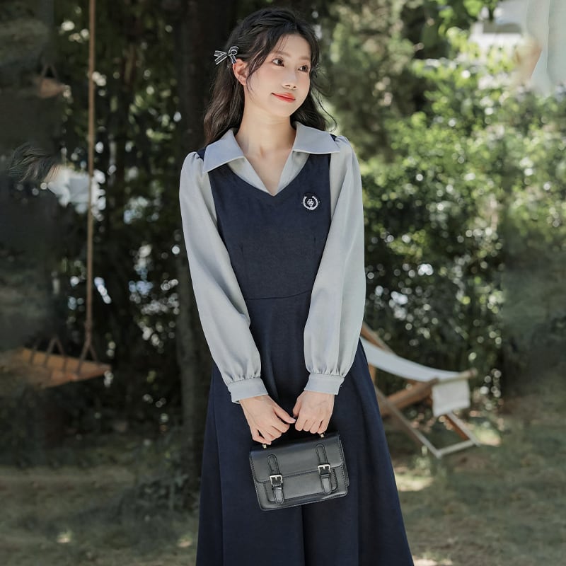 [DANSAIZI Series] ★One Piece★ Faux Layered POLO Neck Switching Ladies Blue Black