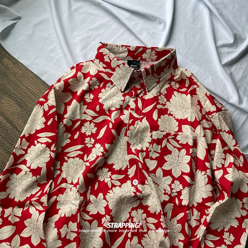 [STRAPPING Series]★Shirt★ Tops Unisex Men's Red Red Floral Pattern Shirt Long Sleeve Shirt Thin