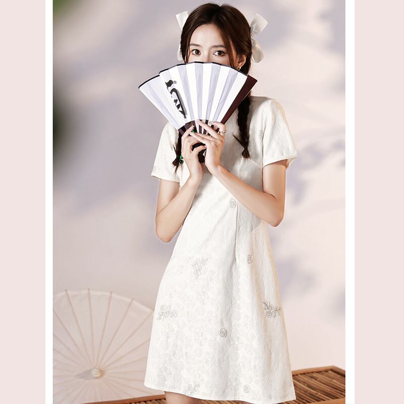 [YUEQIAO series]★Cheongsam dress★Short length Chinese style dress White White Cute Slimming look