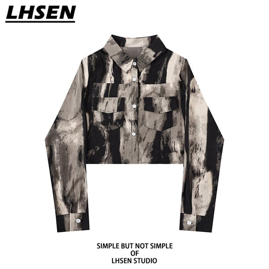 [LHSEN STUDIO Series] ★Shirt ★ Tops Long Sleeve Shirt Women's Tie-dye Retro Mini Length Black Black