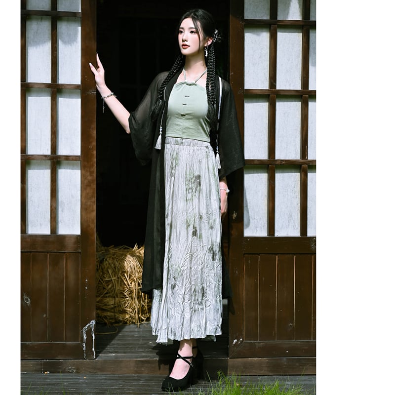 [Kokaisha --- Frost Series] ★Chinese style skirt★ Bottoms Ink pattern High waist Easy to match Chinese clothes