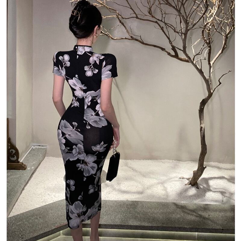 [NANA Series] ★China-style dress★ Improved cheongsam dress, sexy, floral pattern, slit, short sleeves, slimming fit