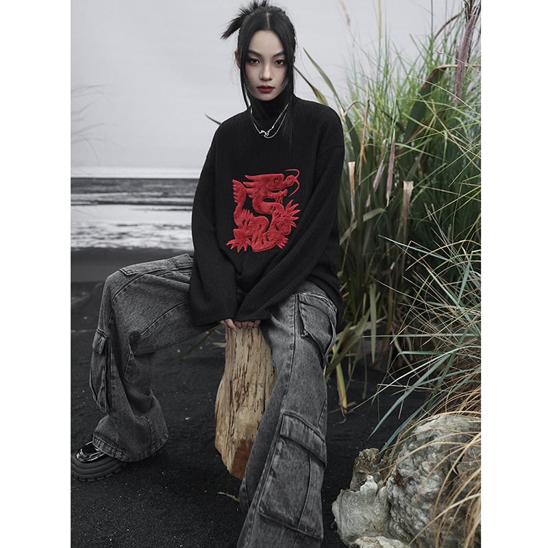 [Big Blue Dragon Series] ★Chinese style sweater★ Knit tops Dragon crest Chinese clothing Black Black Irregular