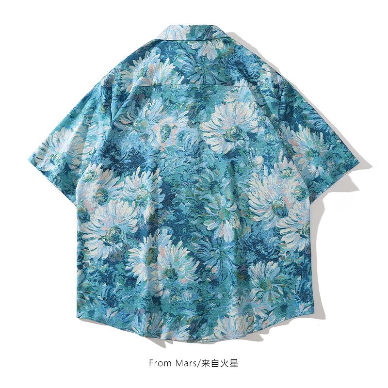 【MOISHE TIDEシリーズ】★シャツ★ プリント 油絵風 夏 男女兼用 花柄 ブルー 青い M L XL 2XL 合わせやすい