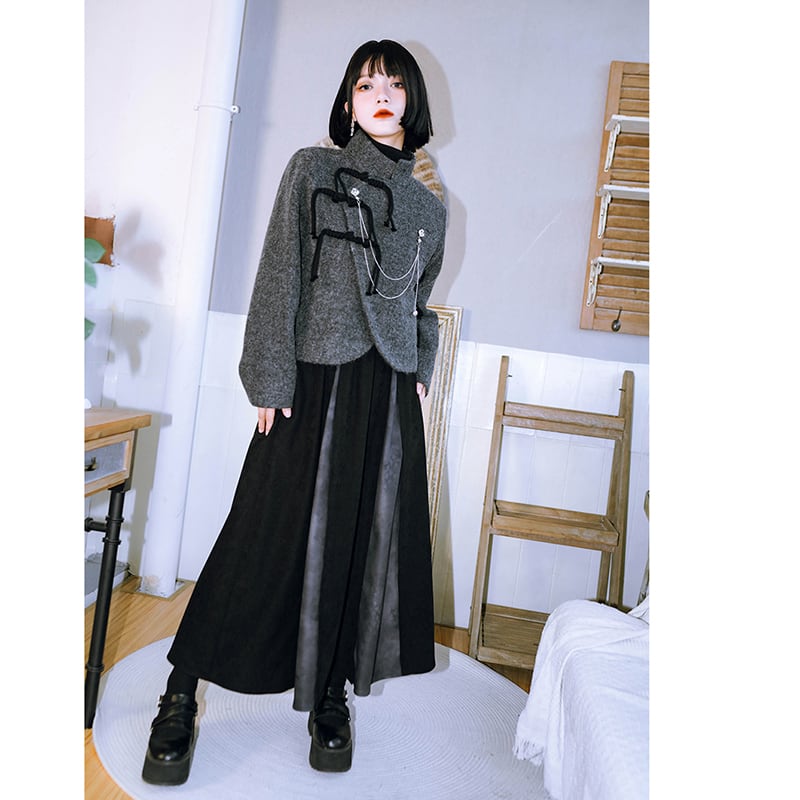 [Kokaisha---Ochienura Series] ★China style coat★ Lasha Quilted Winter Coat Short Length Gray