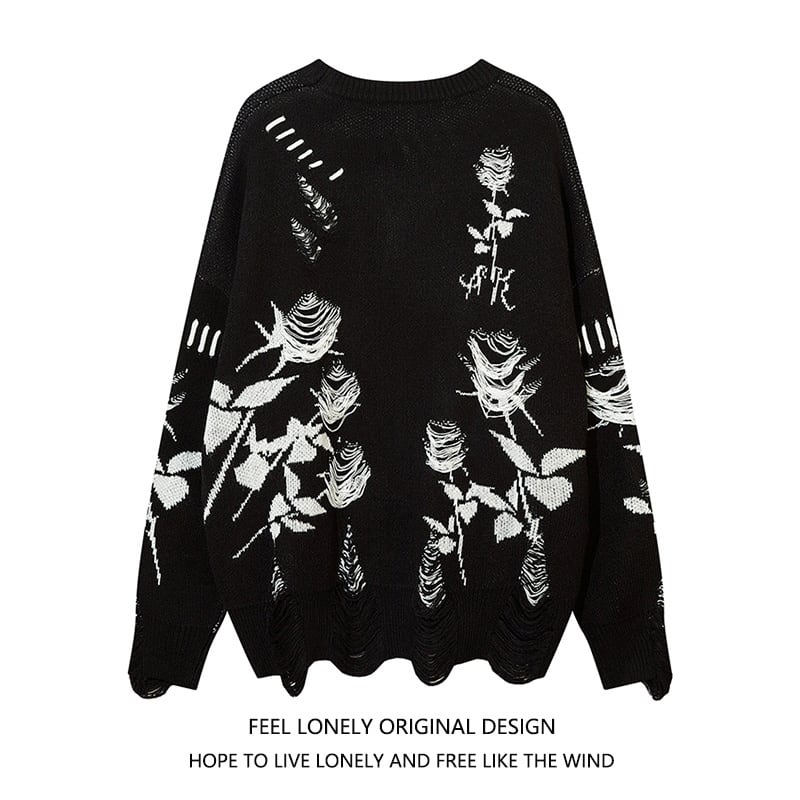 [Feel lonely series]★Sweater★ 2color tops Unisex Men's Distressed rose Harajuku style Unique