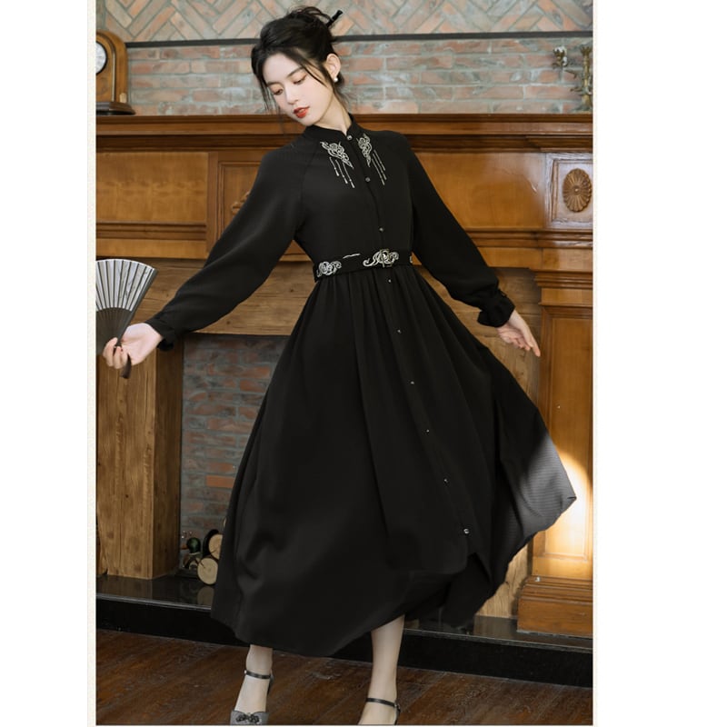 [Treasure Island Series]★Chinese style dress★ Long length Hanfu dress Chinese style Black Black