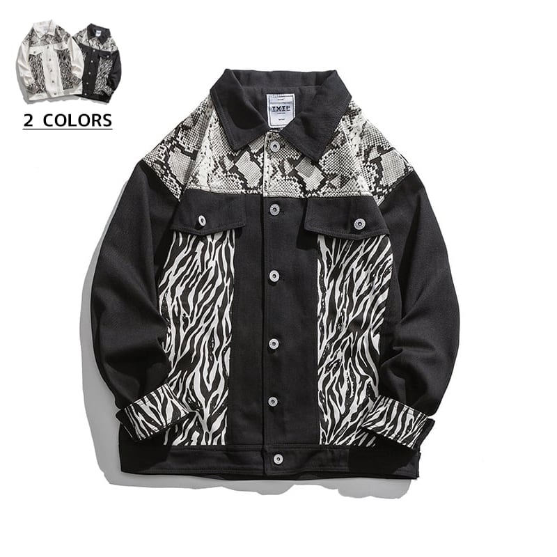 [LP Series]★China style jacket★ Stadium jacket snake pattern zebra pattern outerwear sukajan black white switching casual unisex