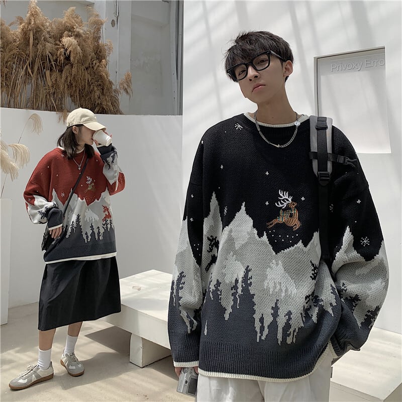 [CHAOPANG Series]★Sweater★ Tops 2color Unisex Men's Snow Mountain Christmas Black Red Black Red