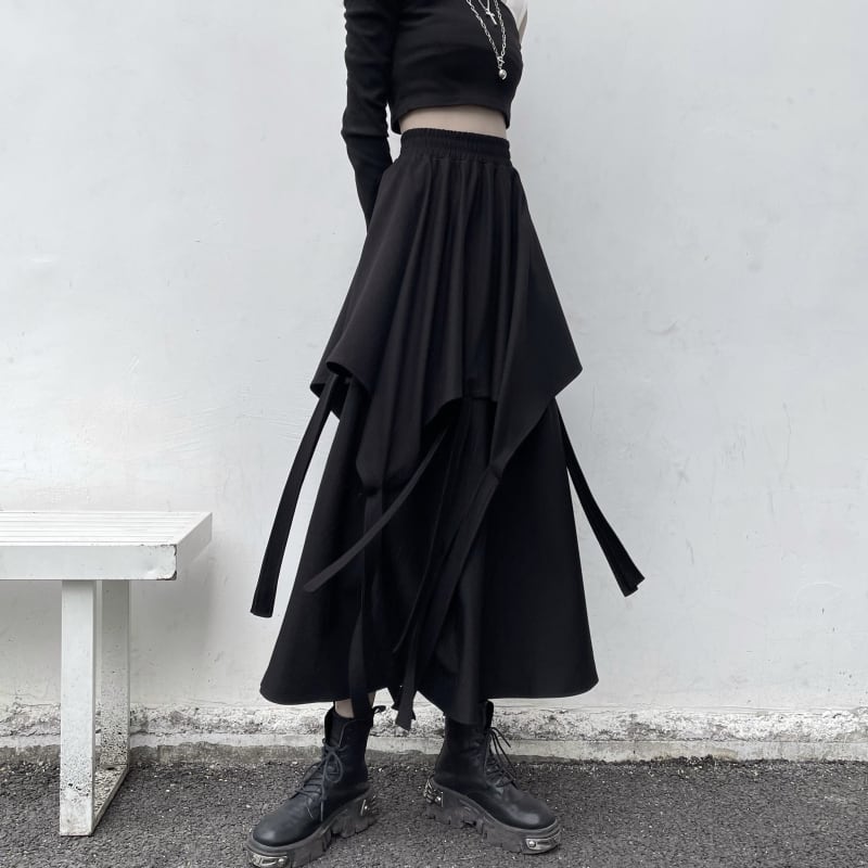 [Miyakoya Series]★Skirt★ Bottoms Irregular Asymmetrical Unique Harajuku style Easy to match Slimming Elastic waist Black Black