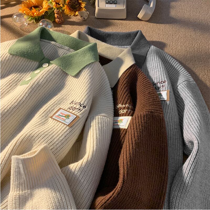 [BENGE Series]★Sweater★ 3color POLO neck tops Unisex Men's Color scheme Beige Gray Coffee color