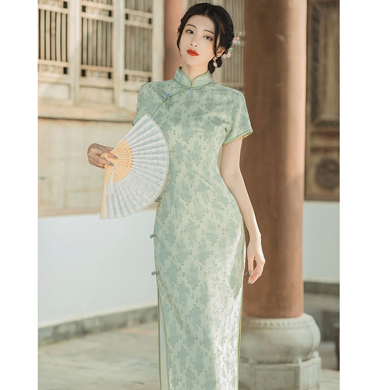 [Queen Series] ★China-style dress★ Improved cheongsam dress Improves temperament Short sleeves Green Green S M L XL