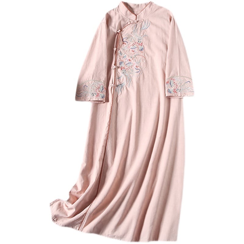 [Qing series] ★China style dress★ 4 colors, floral pattern, cotton, linen, white, blue-green, pink, yellow, spring, autumn, 3/4 sleeves