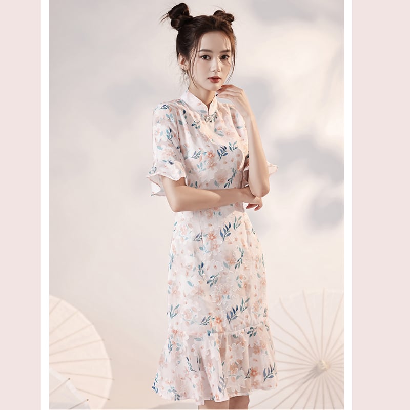 [YUEQIAO Series]★Cheongsam dress★Short length mermaid line Chinese style dress Chiffon Light pink