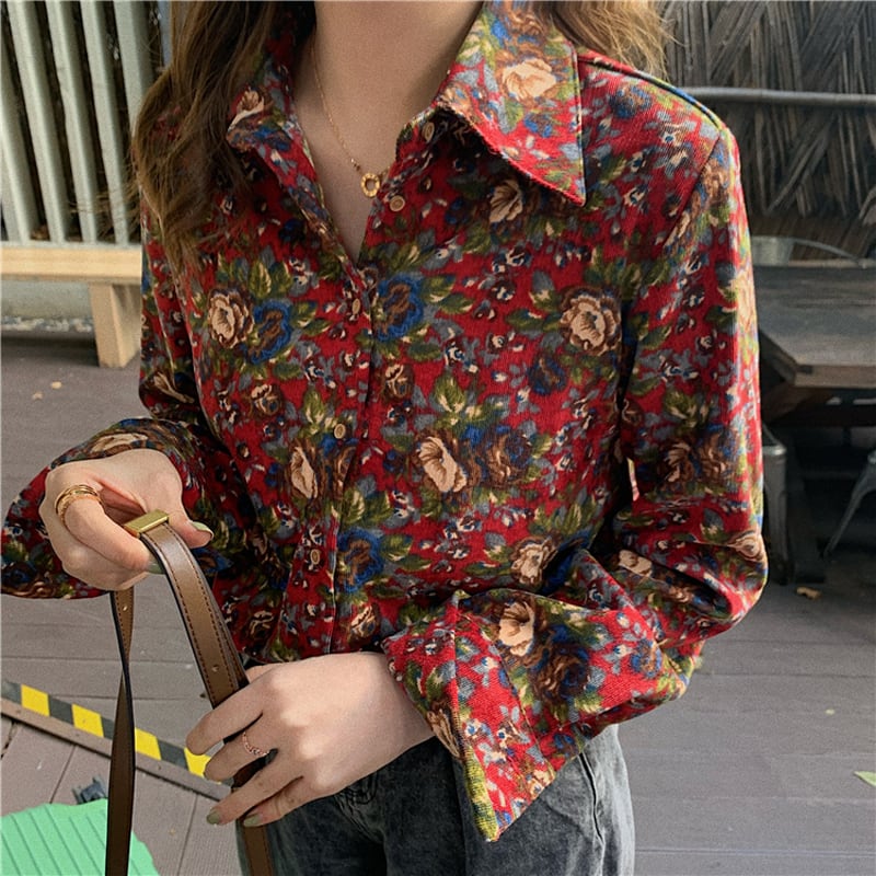 Floral Shirt Tops Print Unique Corduroy Retro Cute Ladies Fashion Red