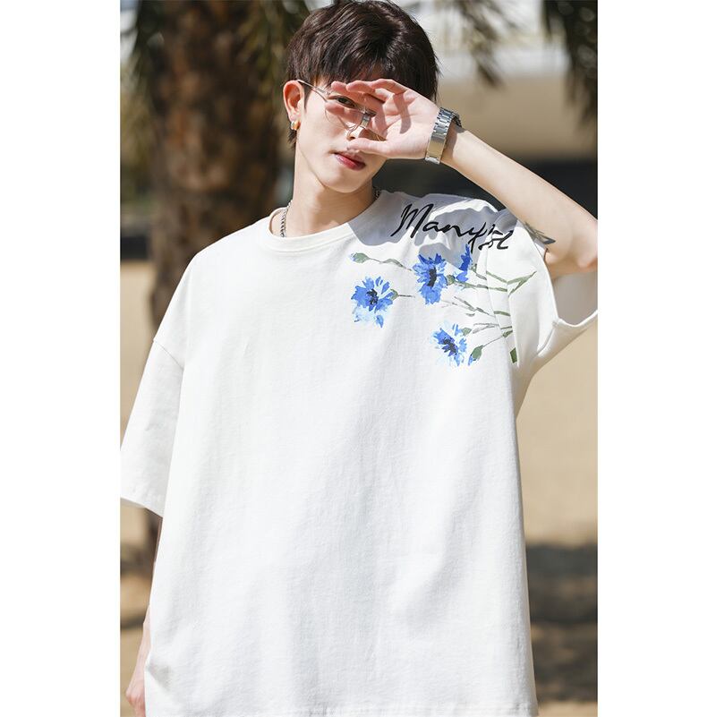 [MANYSTON Series]★T-shirt★ Tops 3color Unisex Men's Short Sleeve Floral Pattern Blue White Black Casual