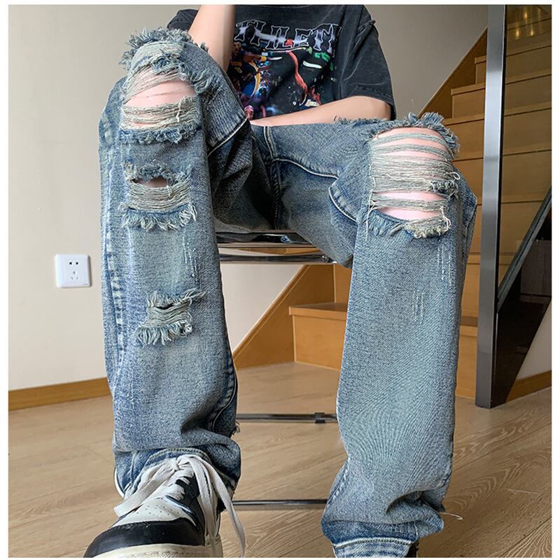 [BIGEMAN Series]★Denim pants★Bottoms Pants Unisex Men's Distressed Stylish Blue Blue