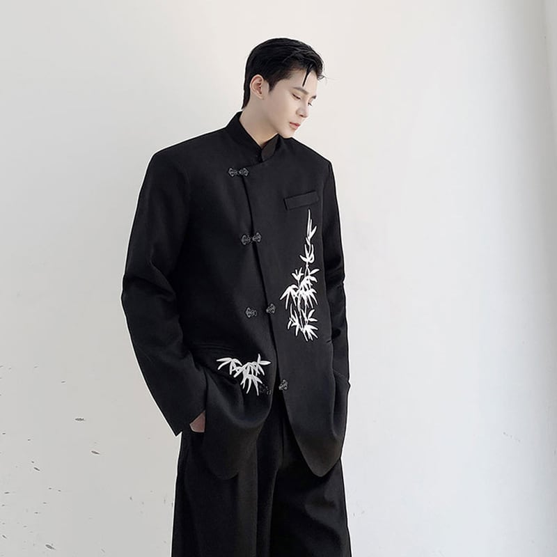 [Illustrated series] ★China style blazer★ Outerwear bamboo unisex men's black black ML XL print