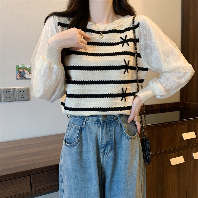 [SHENLANG Series] ★Tops★ 2color Long sleeve Vertical stripes Striped pattern Large size Blue Black Improves temperament