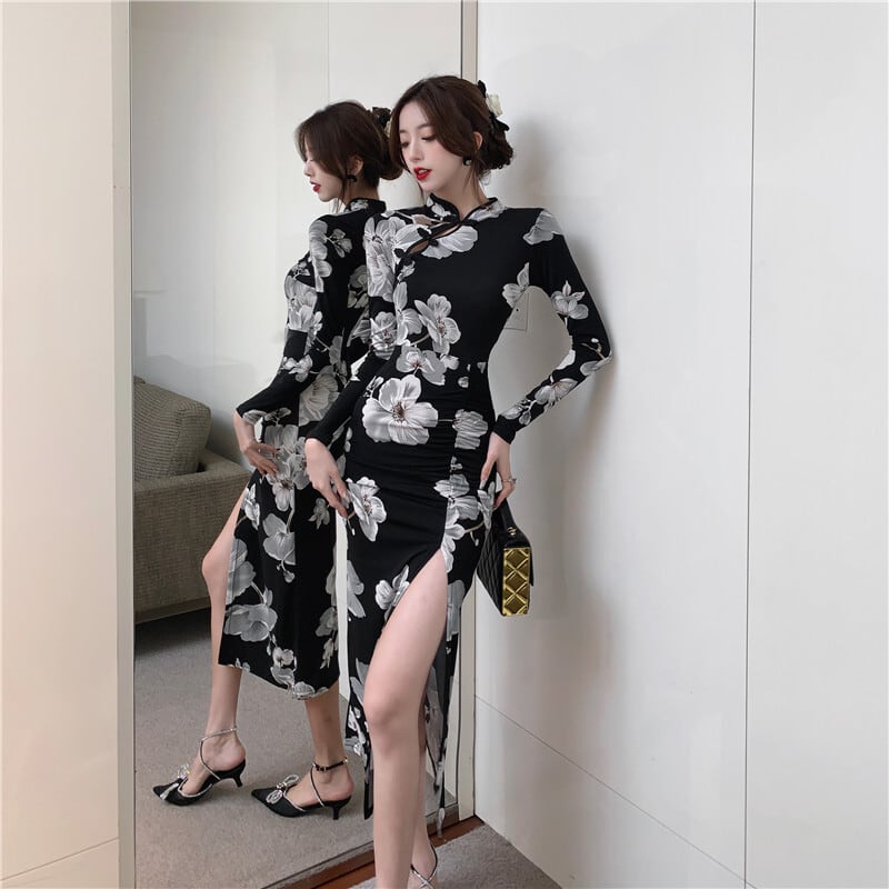 [NANA Series] ★China-style dress★ Improved cheongsam dress, sexy floral pattern, slit, long sleeves