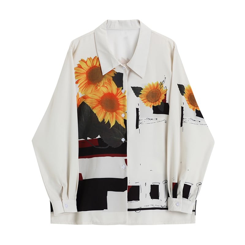 [MSHI CLUB Series]★Shirt★ Tops Oil Painting Style Print SML Retro Ladies Sunflower Spring/Summer