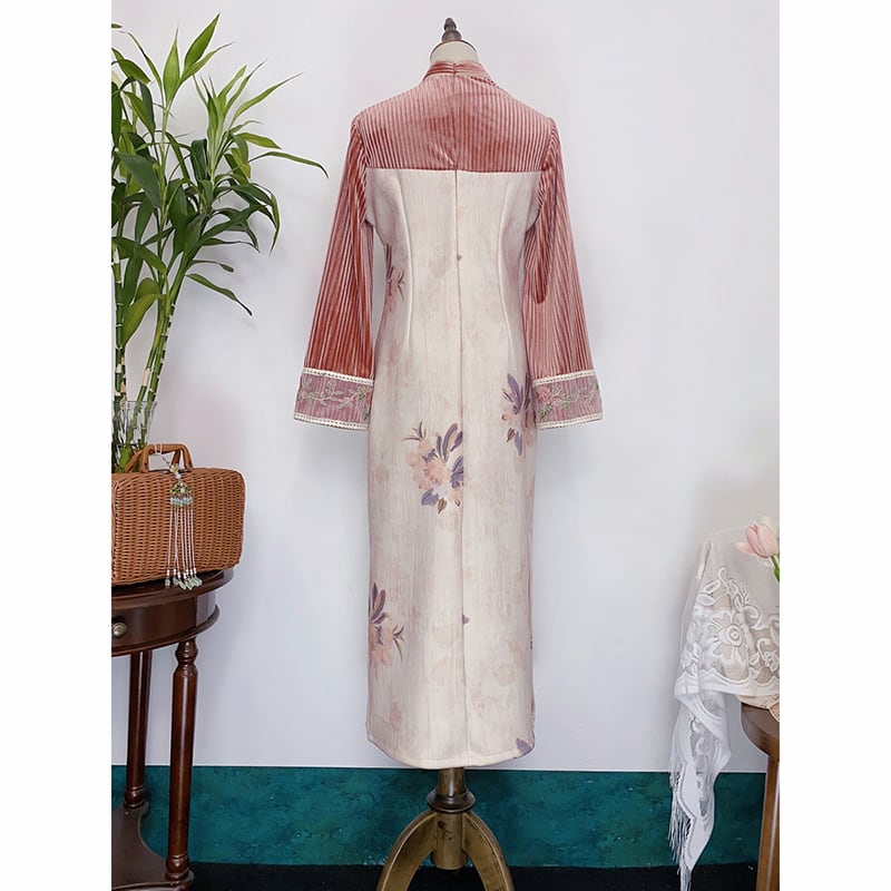 [Features---Flower language series] ★Cheongsam dress★ 2color dress Improves temperament Changeable floral pattern Green Pink