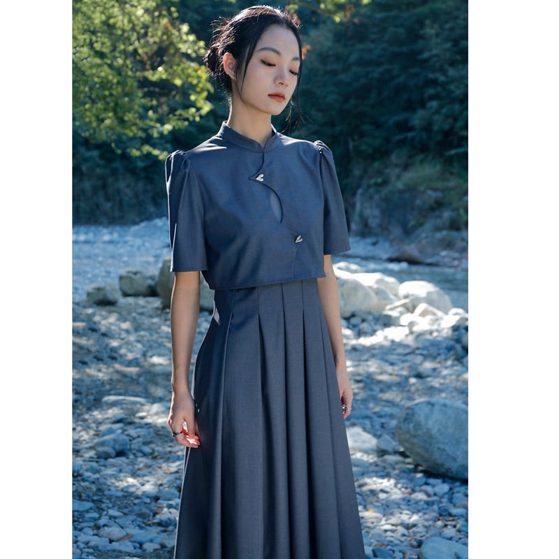 [Big Blue Dragon Series] ★China style dress★ Faux layered stand neck gray gray slimming wear