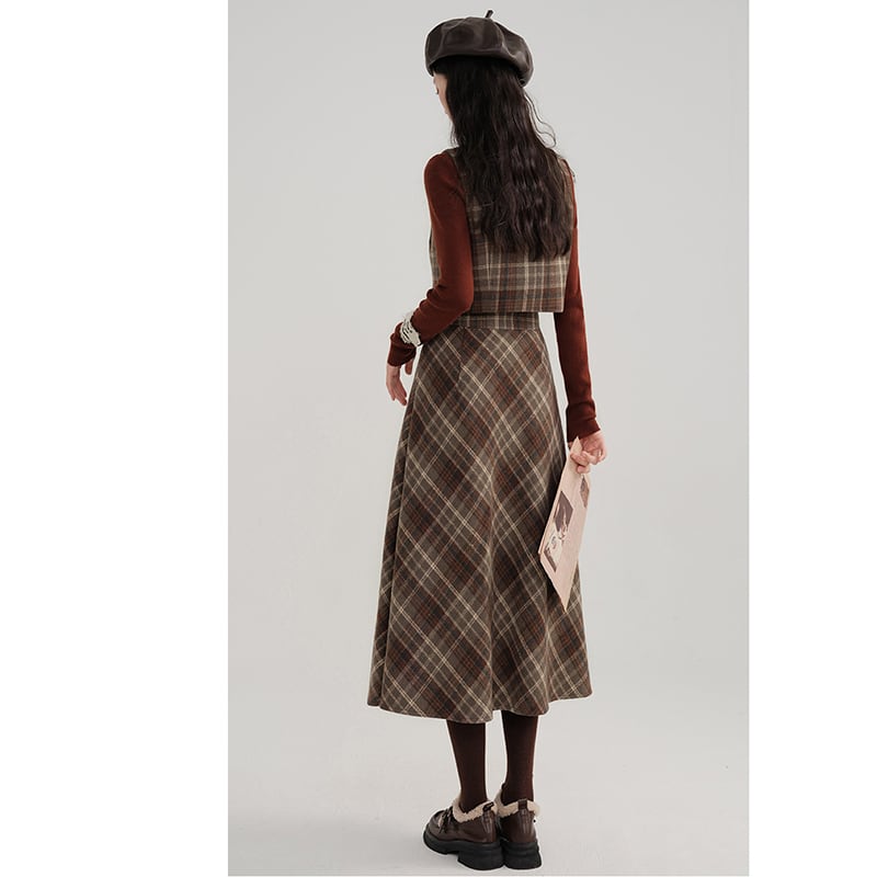 [Kiyi series]★Setup★Checked pattern vest + checked pattern skirt Retro cute Daterasha