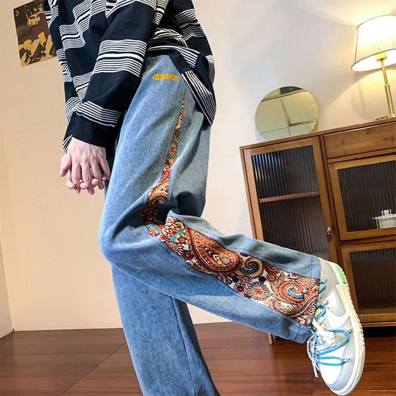 [High Series]★Casual Pants★ 2color Pants Bottoms Denim Pants Switching Print Floral Pattern Large Size