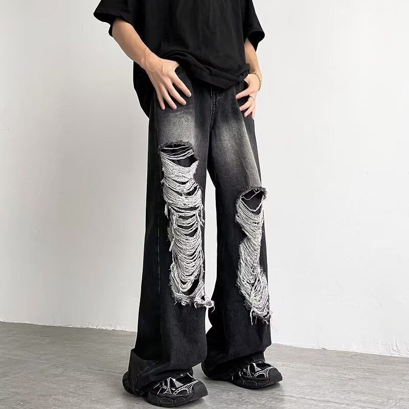 [Leonbinno Series]★Denim pants★ 2color bottoms pants unisex men's distressed fashion black blue