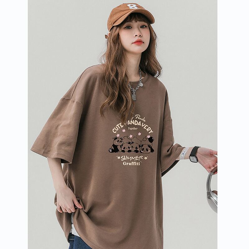 【SENSUシリーズ】★Tシャツ★ トップス 3color 男女兼用 メンズ パンダ柄 カートゥーン アプリコット ホワイト コーヒー色