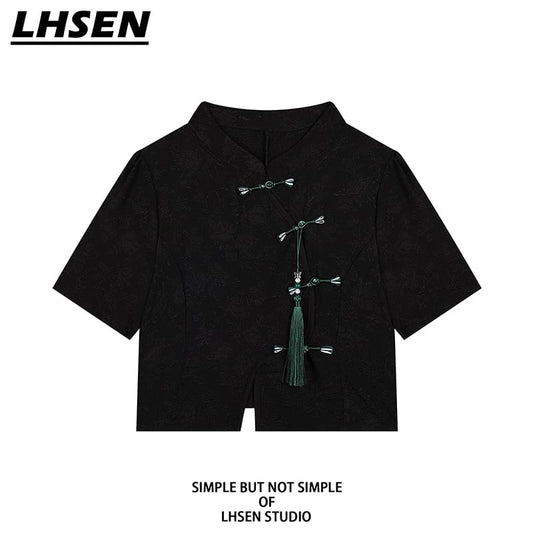 [LHSEN Series]★China style tops★ 2color Chinese style shirt, short length, mini length, slimming, short sleeve