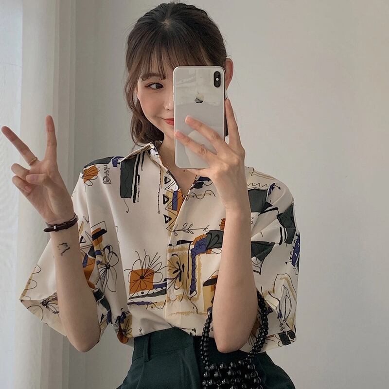 [YOUZI Series]★Retro Shirt★ Tops Printed Short Sleeves Floral Pattern Oil Painting Style Commuting Date Office Lady Office Improves Temperament