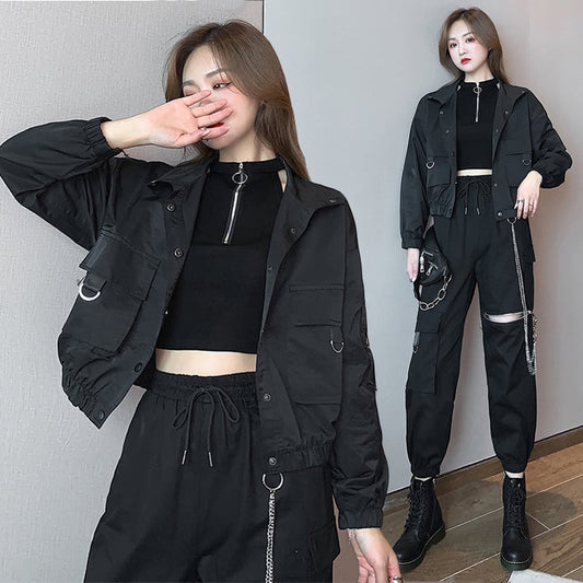 [DUOMIAOTU series]★Setup Single item order★ Outerwear or pants with chain Casual Black Black