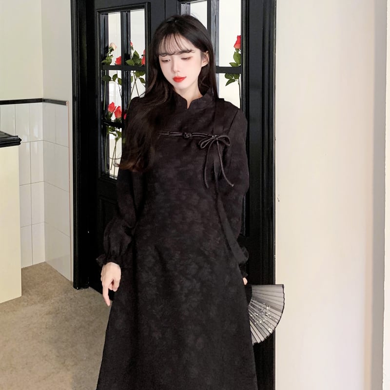 [Dong Xiaojie Series] ★Chinese style dress★ Large size Chinese clothing Black Black Cute Improved cheongsam dress