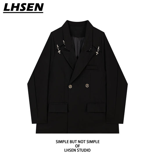 [LHSEN Series]★Blazer★ Outerwear Harajuku style Casual Unique Easy to match Black Black ML XL