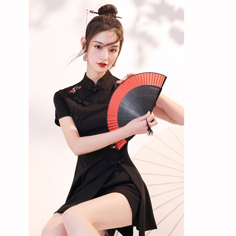 [Taibi Shiba Series]★China style setup★Cheongsam dress + shorts 2-piece set Butterfly Black Black