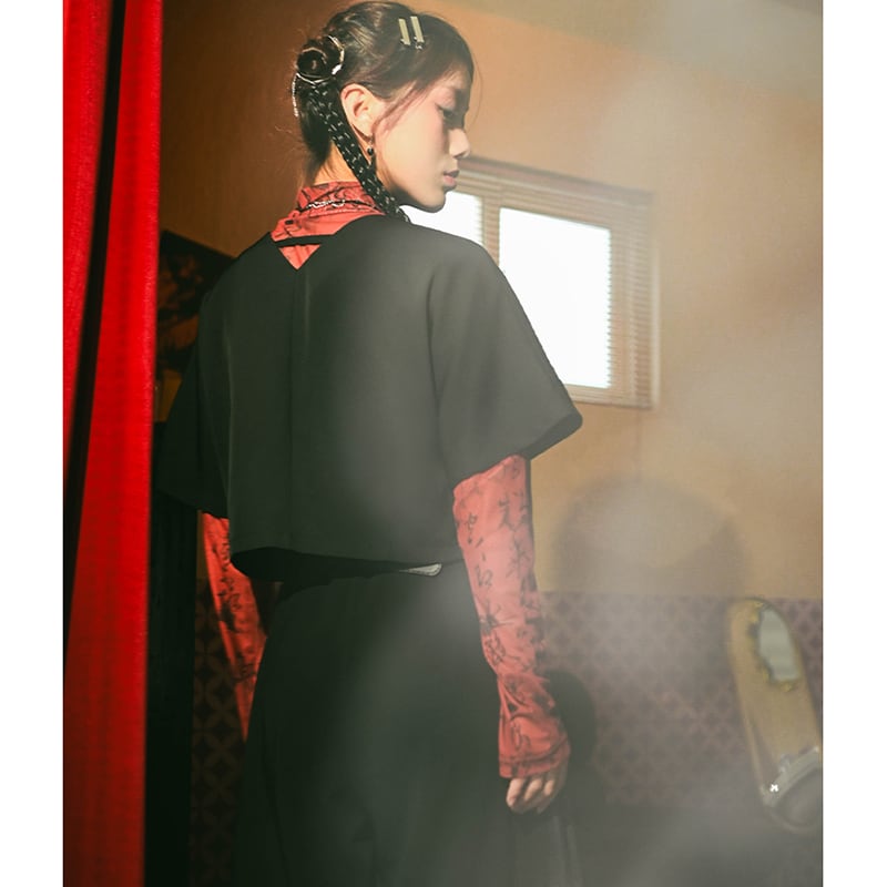 [Kokaisha---Shinkyo Series] ★China style top★ High neck, sheer, text pattern, long sleeves, slim fit, easy to match