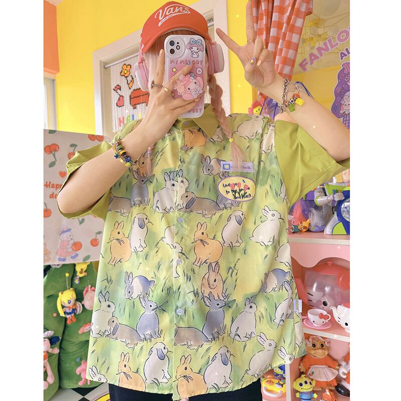 [BIBULU STUDIO Series] ★Short sleeve shirt★ Rabbit tops Unisex Men's summer clothes Green Green