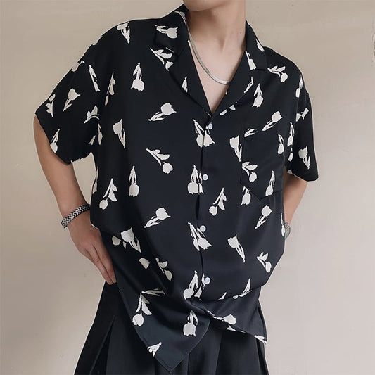 [ZHUIYI Series]★Shirt★ Tops Unisex Men's Black Black Rose Pattern Short Sleeve Shirt Cool