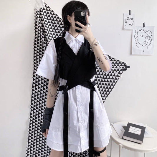 [Queen Series]★Setup Single Order★Shirt or Vest Double Collar Short Length Cute Black White