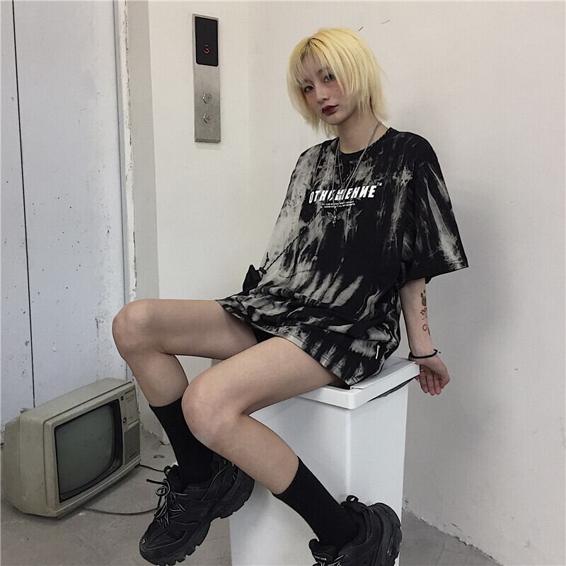 [Demon King Series]★T-shirt★ Tops Printed Ins Style Retro Loose Alphabet Short Sleeve Black Black