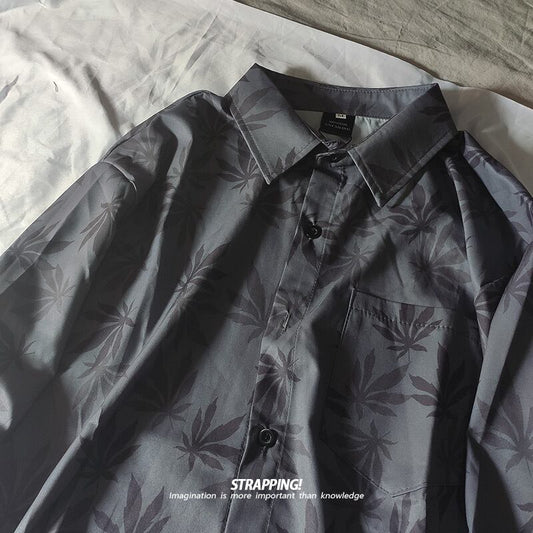 [STRAPPING Series]★Shirt★ Tops Unisex Men's Gray Gray Leaves Retro Spring Clothes Autumn Clothes Thin