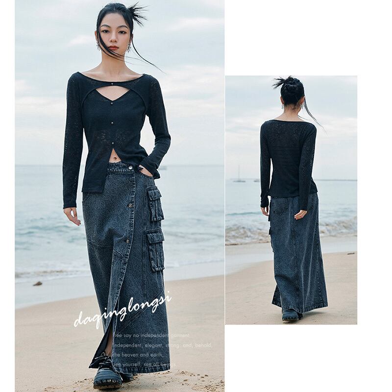 [Daiseiryusu Series] ★China style skirt★ Bottoms Denim skirt Long skirt Slit