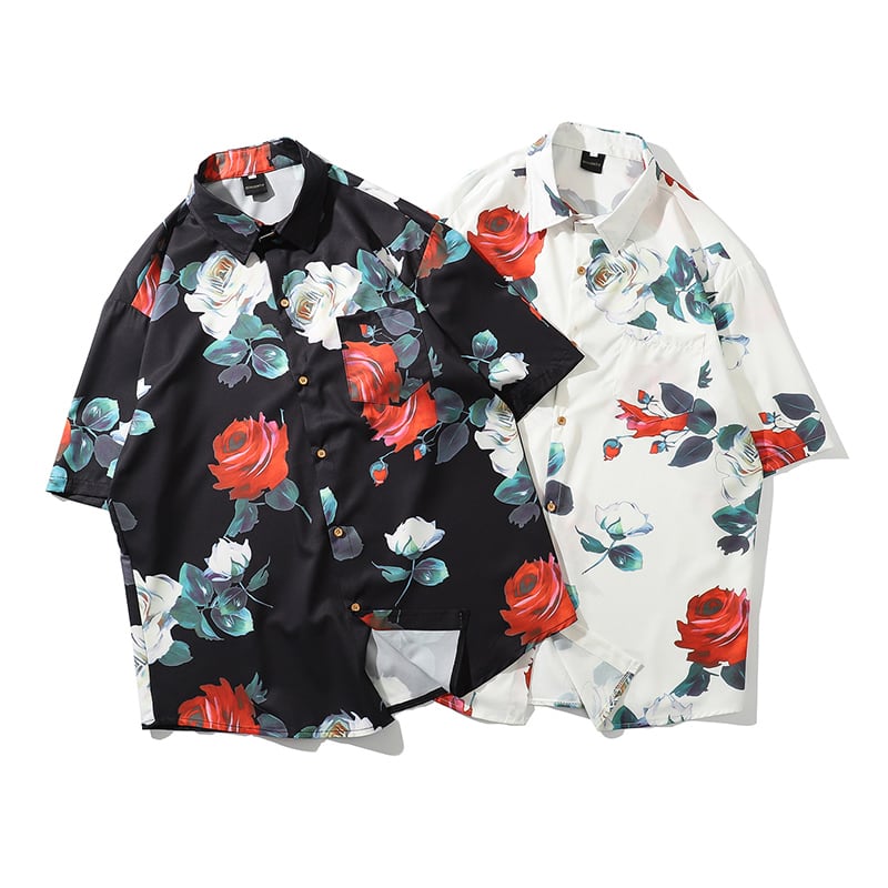 [From Mars---Oil Painting Rose Series]★Retro Shirt★ 2color Unique Unisex Men's Couple Clothes Floral Pattern Black White