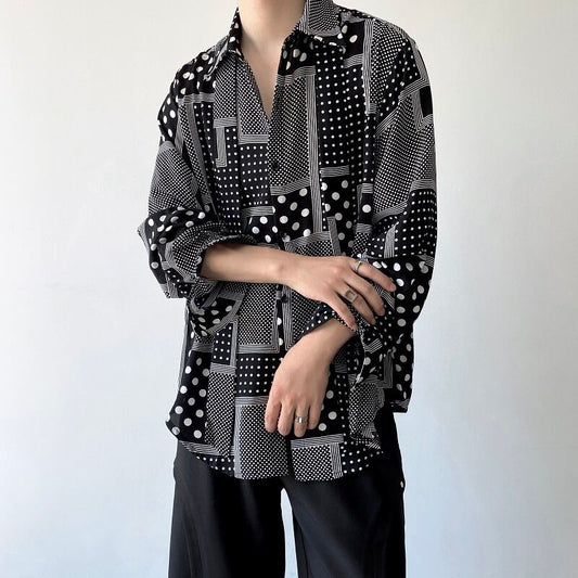 [ZHUIYI Series]★Shirt★ Tops, long sleeve shirt, plaid pattern, dot pattern, unisex, men's, thin, cool, black, black