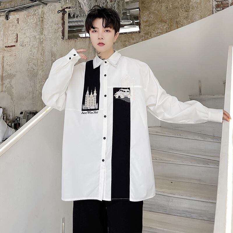 [WENYI Series]★Shirt★ Tops 2color embroidery Color scheme Unisex Black White White Black Improves temperament