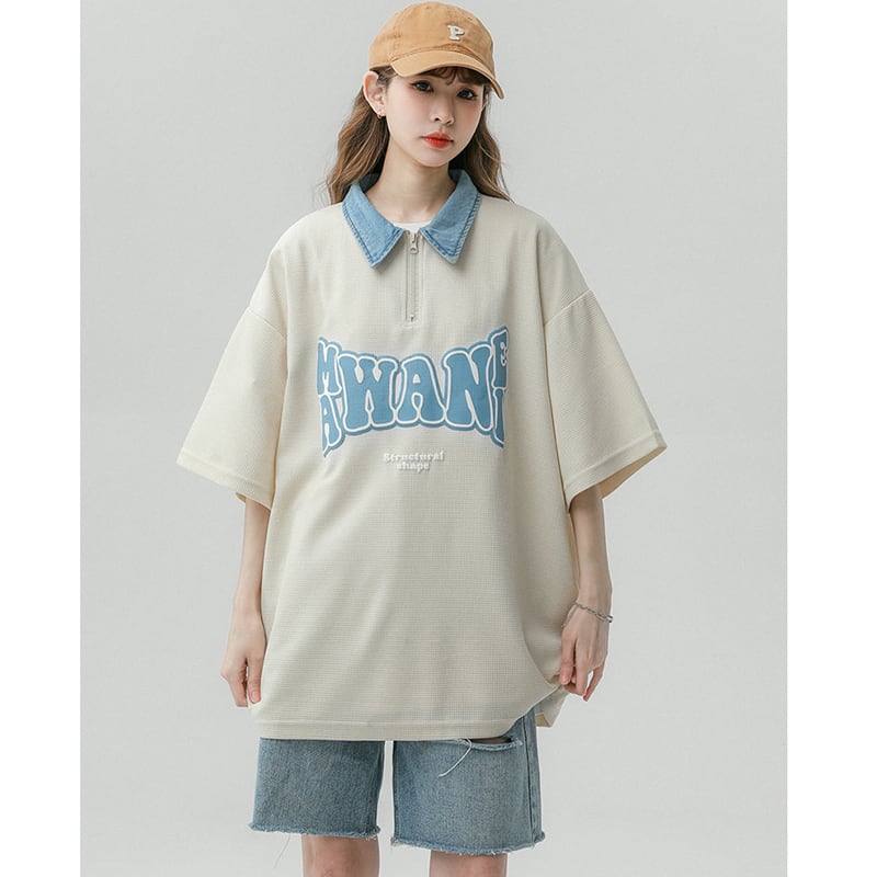 【藤伊曼シリーズ】★Tシャツ★ トップス 3color 男女兼用 メンズ POLOネック アルファベット 夏服