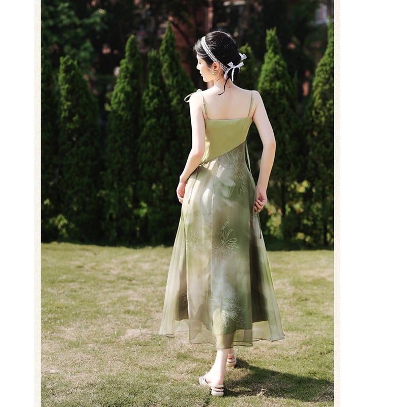 [Az Suna Series]★Setup★ Thin outerwear + hanging dress, Republic style, Green, Improves temperament, Wedding