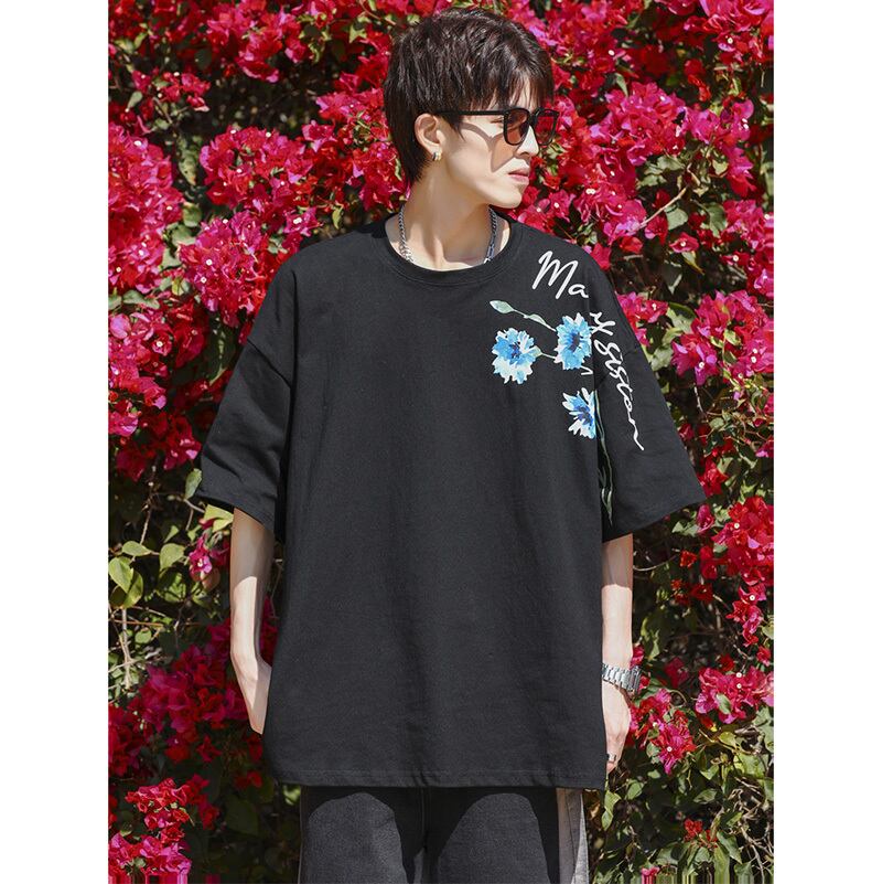 [MANYSTON Series]★T-shirt★ Tops 3color Unisex Men's Short Sleeve Floral Pattern Blue White Black Casual